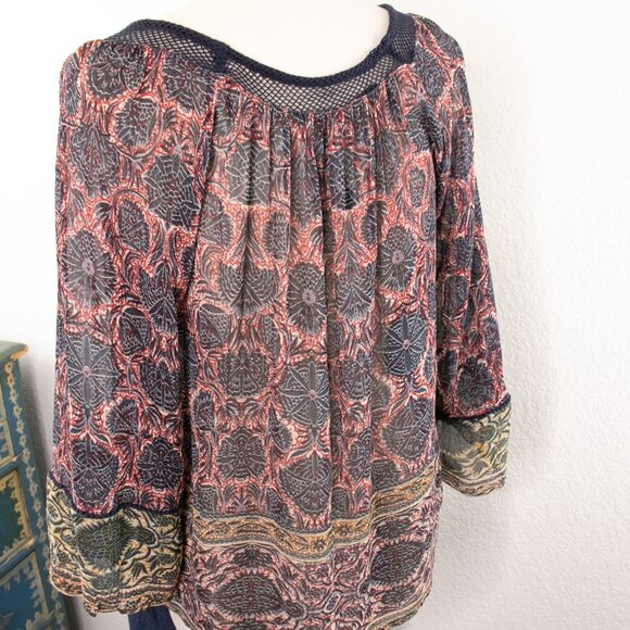 Plenty by Tracy Reese Boho Sheer Blouse Women’s S Gauze Batik Print Crochet Trim - Picture 4 of 13